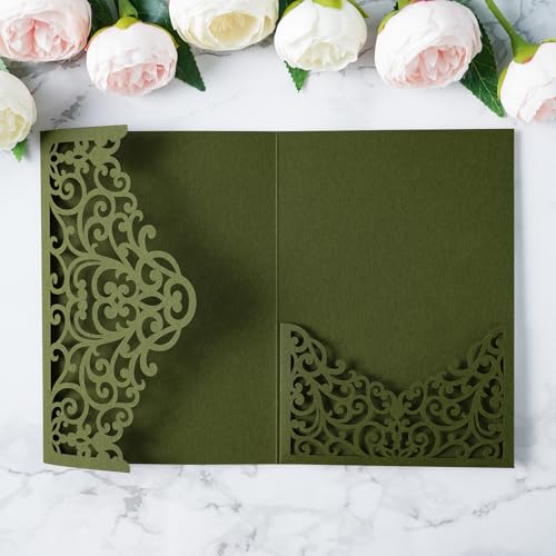 ponatia 20PCS Olive Green Laser Cut Wedding Invitations Pockets, Tri-fold 5x7 Laser Cut Invitation Pockets for Wedding Bridal Shower Quinceanera 15 Anos Invite (No Envelopes & Inner Sheets) - color: Olive Green