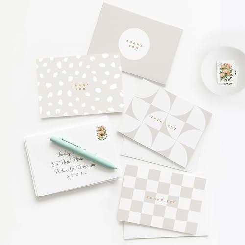 ThreeKin Collective 24-Pack Thank You Cards - 4 Elegant Beige Designs (6 Each) | 3.5” x 5” Folded Cards with Real Gold Foil Stamp | Wedding, Bridal, Baby Shower, and Party Stationery, USA Business - style: Beige