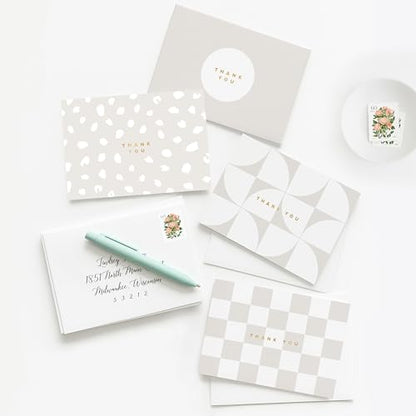 ThreeKin Collective 24-Pack Thank You Cards - 4 Elegant Beige Designs (6 Each) | 3.5” x 5” Folded Cards with Real Gold Foil Stamp | Wedding, Bridal, Baby Shower, and Party Stationery, USA Business - style: Beige