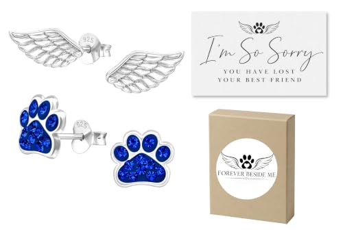 925 Sterling Silver Paw Print and Angel Wing Stud Earrings with Jewelry Box and Sympathy Card, Pet Memorial Gift for Dog or Cat Loss Remembrance - color: Deep Blue