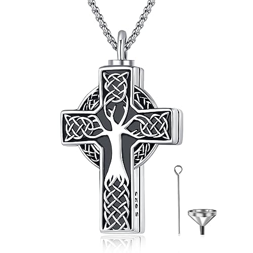 Cremation Jewelry 925 Sterling Silver Urn Necklace for Ashes for Women Men Memorial Pendant for Human Ashes Keepsake Put in Ashes of Loved Ones Cat Pet - color: F-Cross & Tree of Life