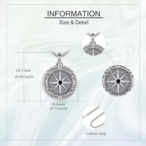Cremation Urn Necklace for Ashes 925 Sterling Silver Moon Phase/Tree of Life/Hummingbird/Moss Agate/Opal/Compass/Mountain/Butterfly/Turquoise/Sunflower/Dragonfly/Cross Pendant Necklace Cremation Memorial Keepsake Urn Jewelry for Women Men - style: Compass