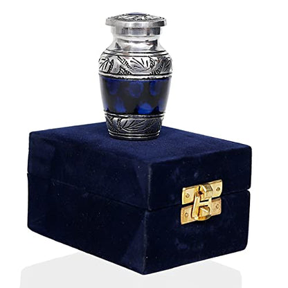 HLC Lovely Small Keepsake Urn - Blue Brass Hand Engraved Mini Memorial Affordable Keepsake Urn for Human Ashes (3 cu.in)