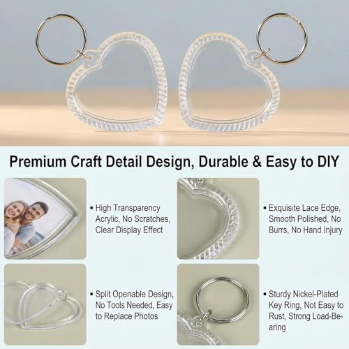 25Pcs Acrylic Photo Keychain Snap-in Keychain Double Sided Blank Custom Frames Heart-Shaped Clear Insert Photo Picture Frame with Keyring Christmas Ornaments Keyring Holder(Embossed Edges)