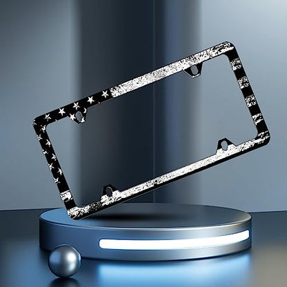 Vintage Black White American Flag License Plate Frame Patriotic Personalise Stainless Steel Funny Design Compatible with Standard License Plate Holder for USA and Canada 6 X 12 with Screws | Screws Included，2-Hole ，6x12 Inch，Anti-Rust，Rattle-Proof ，Weathe