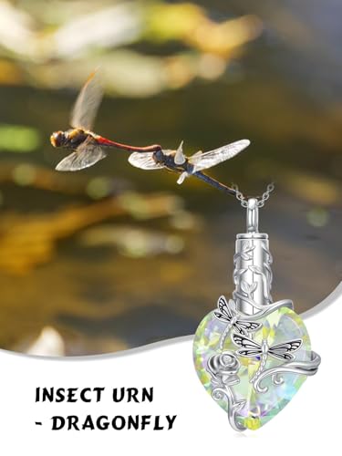 JKR Heart Urn Necklace for Ashes Crystal Keepsake Pendant Memorial Jewelry - style: Dragonfly-White Crystal