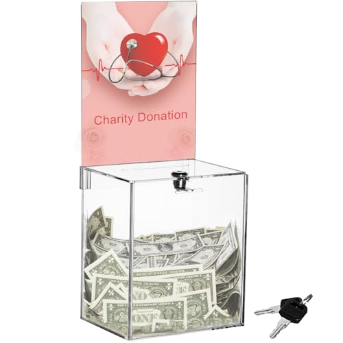 Large Acrylic Donation Box with Lock, 6.7 x 5 x 16 in Clear Suggestion Box with Slot and Lock, Ballot Tin with Sign Holder for Tip, Comment, Voting, Charity, Fundraising