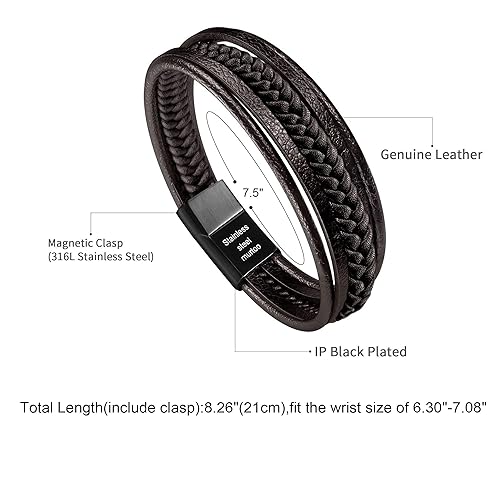 Mens Leather Bracelet with Clasp Cowhide Multi-Layer Braided Leather Mens Bracelet - style: brown leather&black clasp&7.5
