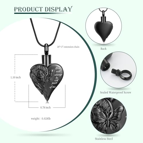 Love Heart Cremation Jewelry Urn Necklaces Butterfly Urn Necklaces for Ashes Memorial Keepsake Pendant for Women Men Gifts With Funnel Kit & Bag - color: Black