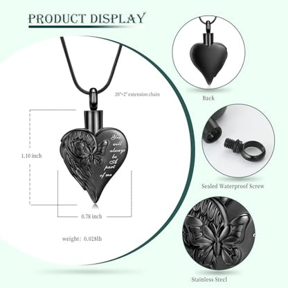 Love Heart Cremation Jewelry Urn Necklaces Butterfly Urn Necklaces for Ashes Memorial Keepsake Pendant for Women Men Gifts With Funnel Kit & Bag - color: Black