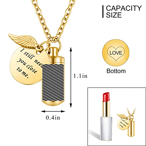 abooxiu Cylinder Urn Necklace for Ashes Cremation Jewelry/Keychain for human Pet Stainless Steel Memorial Keepsake Pendant with Angel Wing Charm Ashes - color: Gold-s