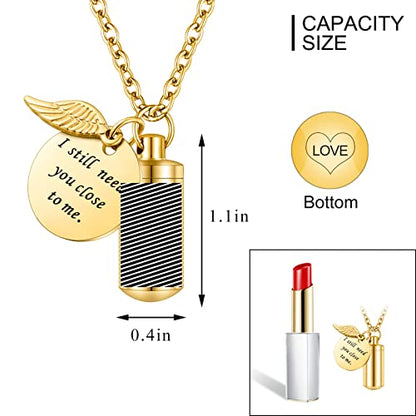 abooxiu Cylinder Urn Necklace for Ashes Cremation Jewelry/Keychain for human Pet Stainless Steel Memorial Keepsake Pendant with Angel Wing Charm Ashes - color: Gold-s