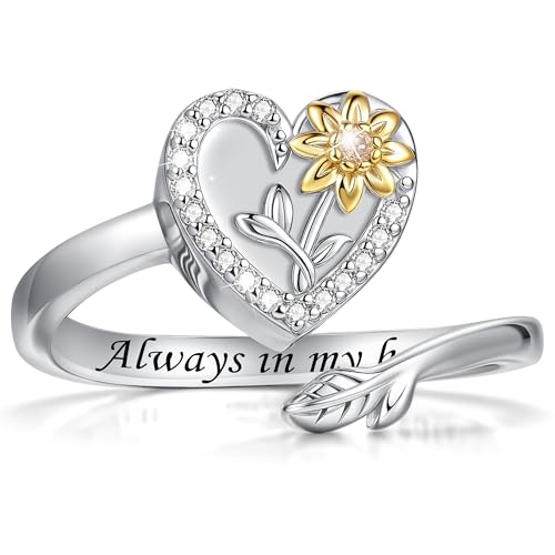 925 Sterling Silver Heart Urn Ring for Ashes for Women - Cremation Jewelry Keepsake Thumb Rings Adjustable with Rose/Sunflower Gift for Lost Of Love Ones Human Adult Pet - style: Heart-Sunflower