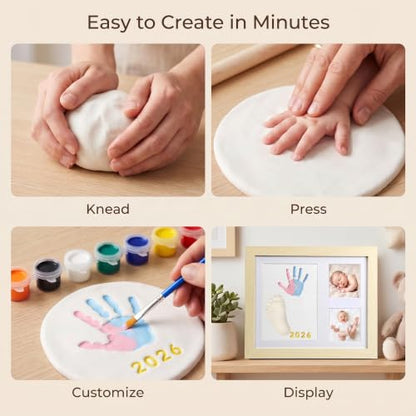 MICKYU Baby Hand and Footprint Kit, Clay Keepsake Frame | 8-Color Paints, Newborn Nursery Picture Frames, Personalized New Mom Gifts for Baby Shower & Registry, 9x11 in, Natural Wood - color: Natural Wood