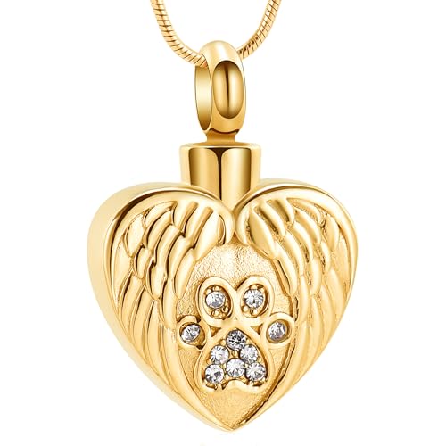 Heart Paw Print Urn Necklace for Ashes for Pet Stainless Steel Pendant - color: Gold