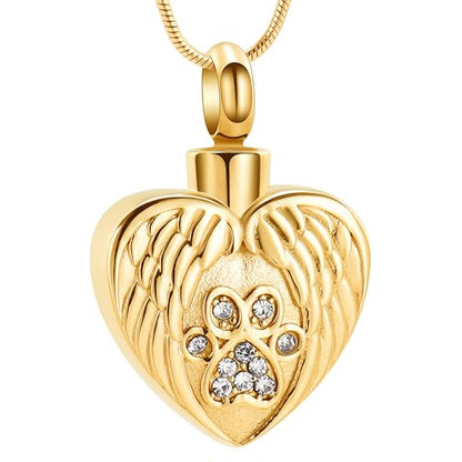 Heart Paw Print Urn Necklace for Ashes for Pet Stainless Steel Pendant - color: Gold