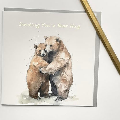 Old English Co. Watercolour Bear Hug Thinking of You Card for Him or Her - Miss You Card for Friends Family - Feel Better Soon, Sympathy, Condolences, Get Well | Blank Inside with Envelope