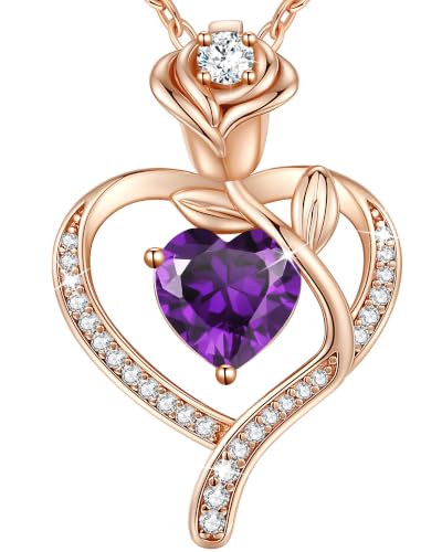 925 Sterling Silver Rose Love Heart Birthstone Necklaces for Women Jewelry | Hypoallergenic Nickel-Free & Lead-Free Pendant,Birthday Anniversary Christmas Gift for Women Wife Mom Girlfriend - color: Rose Gold-02-Feb