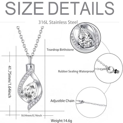 Teardop Cremation Jewelry Urn Necklace for Human Pet Ashes CZ Heart Stainless Steel Urn Pendant Memorial Jewelry Sympathy Gift - color: April
