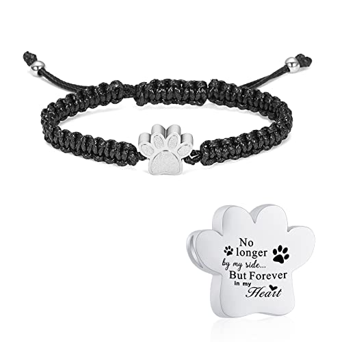 constantlife Cremation Bracelet for Ashes Stainless Steel Paw Print Urn Jewelry Braided Rope Adjustable Bangle Keepsake Pet Dog Cat Ash Holder Memorial Gift for Women Men - color: Silver
