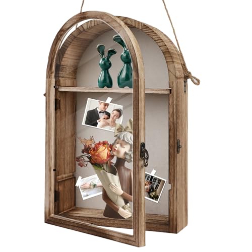 Large Shadow Box Frame with Storage Drawer - Deep Wood Memory Box Display Case with Hinged Door & Linen Back, Rustic Wedding Gifts for Bouquet, Medals, Photos & Pet Memorial Keepsakes (Brown)