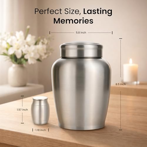 Stainless Steel Silver Urn for Ashes Adult Male & Female, Cremation urns for Human Ashes Man & Women, Set of 7 Includes 1 Large Urn, 4 Keepsakes & 1 Silver & Black Cross Necklace - color: Stainless Steel Urn - Strandard Set