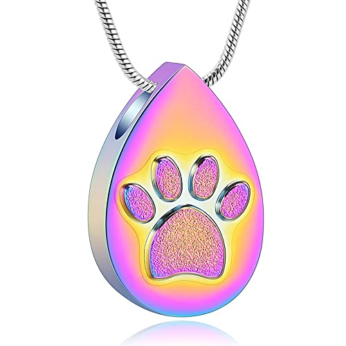 Droplet Shape Cremation Jewelry for Dog/Cat Paw Print for Ashes Keepsake Memorial Urn Pendant Necklace with Stainless Chain and Fill Kits for Men Women - color: Colorful