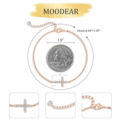 Moodear Cross Bracelet for Women, Dainty Sterling Silver/Gold Plated Gift | Christian Religious Gifts for Teen, Stocking Stuffers, Adjustable Link Bracelets, Sparkling CZ Cross, Non Tarnish Jewelry - color: CZ Rose Gold Cross Bracelet