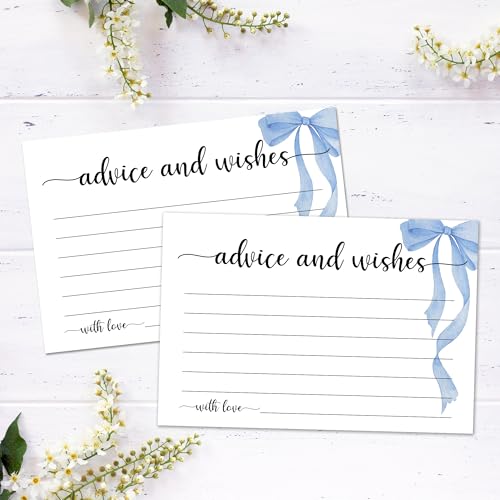 Advice and Wishes Cards Box, 50 Pcs Birthday Wedding Baby Shower Advice Cards, Well Wishes Box for Birthday Party Graduation Bridal Shower Retirement Party, Anniversary(Blue Bow) -A01 - color: Blue Bow, size: Set with Wooden Box