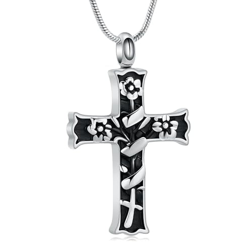 Minicremation Rope Winding Cross Cremation Ashes Urn Pendant Necklace Memorial Keepsake Jewelry Lord’s Prayer Cross Ashes Necklaces - color: Silver&Black