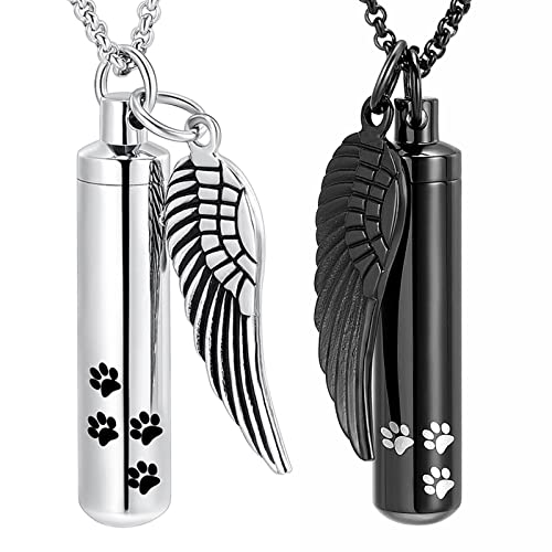 Hearbeingt Cylinder Cremation Jewelry Paw Print Urn Necklaces for Ashes | Stainless Steel,with Charm Wing,for Women Men,Memorial Necklace,Ash Pendant for Human Pet,Keepsake Jewelry,Gift,Fill Tool - color: 2PCS-SET