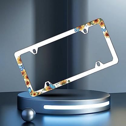 Blue Butterfly Sunflower License Plate Frames Stainless Steel 6x12 in 2Pack | Screws Included，2-Hole，Anti-Rust，Rattle-Proof ，Weather Resistant，Easy Installation，For Cars SUV Truck，Standard US - color: Blue Butterfly Sunflower 2 pieces