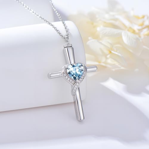 TOUPOP Cross Urn Necklaces for Ashes Birthstone Cremation Jewelry 925 Sterling Silver Cross Memorial Keepsake Funeral Jewelry for Women (with Funnel Filler) - color: 03-March-Aquamarine