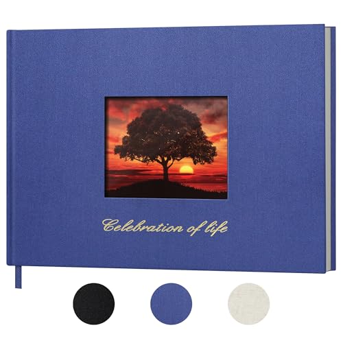 SUNEE Funeral Guest Book for Memorial & Funeral Services – in Loving Memory Funeral Book, Celebration of Life Guest Book with 100 Lined Pages, Table Sign, Ribbon Bookmark and Linen Hardcover, Black - color: Navy Blue