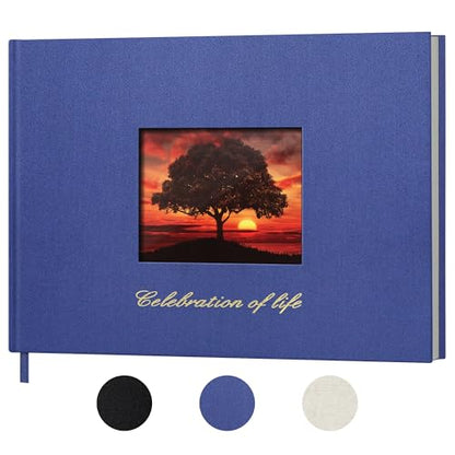 SUNEE Funeral Guest Book for Memorial & Funeral Services – in Loving Memory Funeral Book, Celebration of Life Guest Book with 100 Lined Pages, Table Sign, Ribbon Bookmark and Linen Hardcover, Black - color: Navy Blue