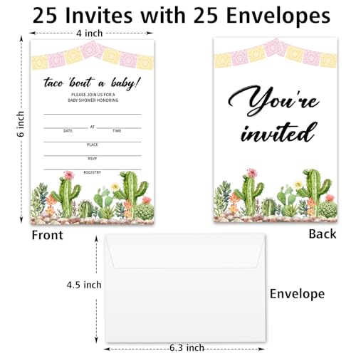Taco Bout A Baby Baby Shower Invitations for Boys Girls, Cactus Baby Announcement Invite Cards, 25 Set of Fill-in Baby Shower Invites with Envelopes, Gender Reveal Party Supplies -B09 - color: Taco