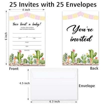 Taco Bout A Baby Baby Shower Invitations for Boys Girls, Cactus Baby Announcement Invite Cards, 25 Set of Fill-in Baby Shower Invites with Envelopes, Gender Reveal Party Supplies -B09 - color: Taco