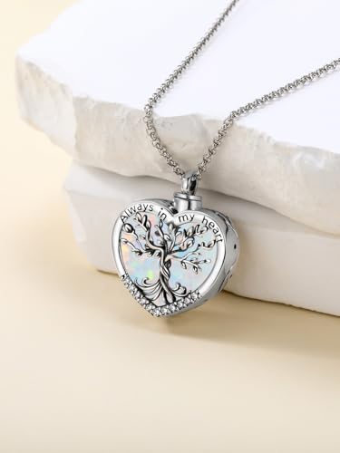 TOUPOP Tree of Life Urn Necklaces for Ashes 925 Sterling Silver Heart Cremation Jewelry Memorial Keepsake Jewelry with Funnel Filler for Women Men - color: A-Heart Tree of Life-White Opal
