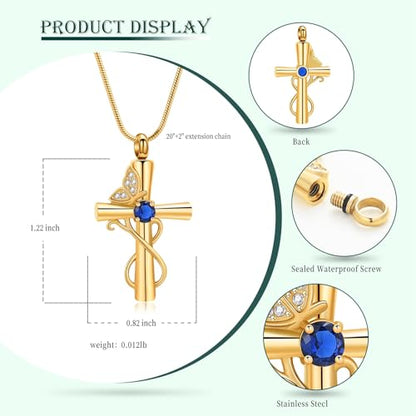 Butterfly Cross Cremation Jewelry Urn Necklaces Cross Butterfly Urn Necklaces for Ashes Memorial Keepsake Pendant for Women Men Gifts With Funnel Kit & Bag - color: Gold+Blue
