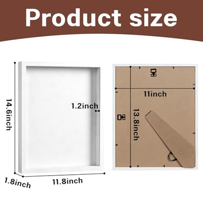 11x14 Shadow Box - Deep Picture Frame with Shatter-Resistant Panel for Wall Decor | 3D Display Case for Military Medals,Flowers,Photos and Crafts | Easy to Open & Ready to Hang Gift (White)