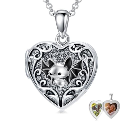 Personalized Heart Locket Necklace That Holds Pictures 925 Sterling Silver Custom Photo Lockets Necklaces Jewelry Gifts for Family Women Lover - color: Bat, style: Locket Only