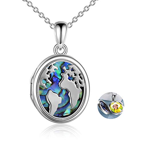 Lotus Locket Necklace Sterling Silver Lotus Flower Locket Necklace That Holds Pictures Yoga Locket Pendant Mother's Day Gifts for Women Wife Mom - style: World Map
