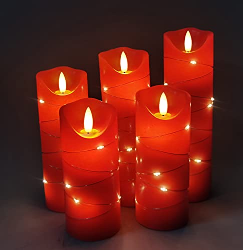 DANIP Red LED Flameless Candle with Embedded Star String, 5Piece LED Candle with 11 Button Remote Control, 24 Hours Timer Function, Dancing Flame, Real Wax, Battery Powered. - color: CrimsonW#1*5