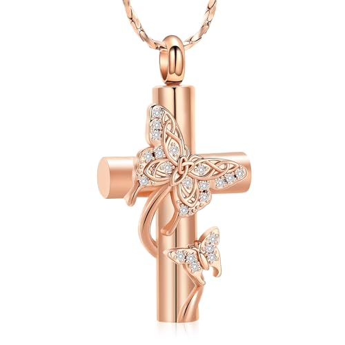 Imrsanl Butterfly Cross Urn Necklace for Ashes Men Women Cremation Jewelry Ashes Pendant for Human Memorial Ash Jewelry - color: Z-Rose Gold