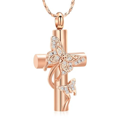 Imrsanl Butterfly Cross Urn Necklace for Ashes Men Women Cremation Jewelry Ashes Pendant for Human Memorial Ash Jewelry - color: Z-Rose Gold