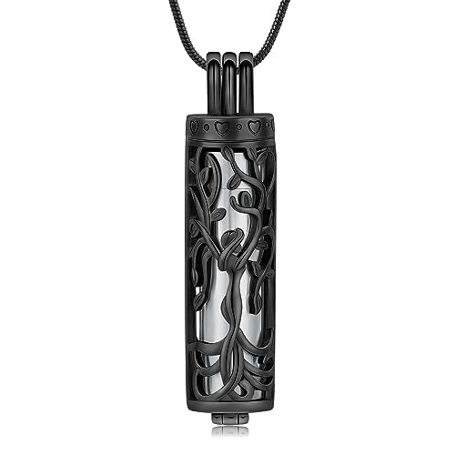 Urn Necklace for Ashes with Hollow Vial Cylinder Cremation Jewelry for Ashes Tree of Life Memorial Jewelry Gifts for Women Ashes Necklace Lockets Ashes Holder for Men Pet - color: Angle-Black-silver