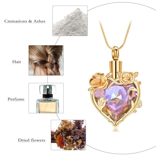 Cremation Jewelry for Ashes Rose Flower Urn Necklace with Crystal Heart Ashes Pendant Butterfly Necklaces for Women Men Memorial Keepsake Jewelry Gift - color: Gold-purple