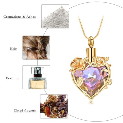 Cremation Jewelry for Ashes Rose Flower Urn Necklace with Crystal Heart Ashes Pendant Butterfly Necklaces for Women Men Memorial Keepsake Jewelry Gift - color: Gold-purple