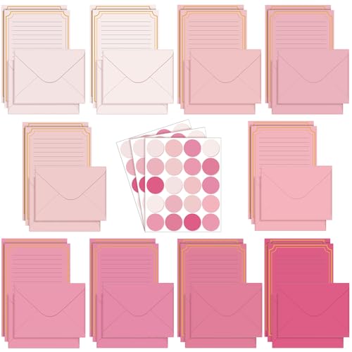 Taobary 160 Pack Stationery Paper Set,5.5 X 8.25 Inch,Pink Color | stationery paper and envelopes set,50 Double Sided Stationery Writing Papers 50 Matching Envelopes 60 Round Dot Sticker - color: Pink Color, size: 5.5 x 8.25 Inch
