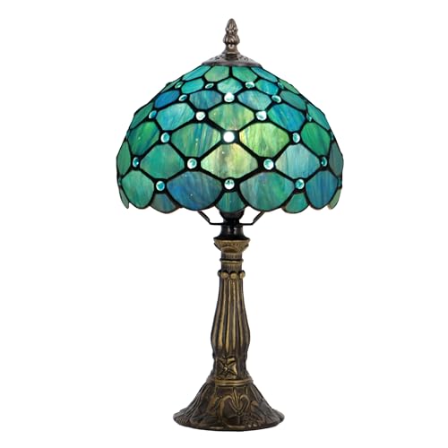 Tiffany Table Lamp Stained Glass Bedside Accent Light 8X8X14.5 inch | Sea Blue Pearl Style Stained Glass Memory Sympathy Light Push Button Switch Vintage Resin Base Decor For Bedroom Living Room - color: Sea Blue Pearl Style